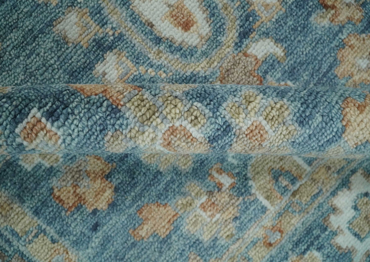 Custom Made Antique Hand Knotted Blue and Beige Traditional Oushak Wool Area Rug