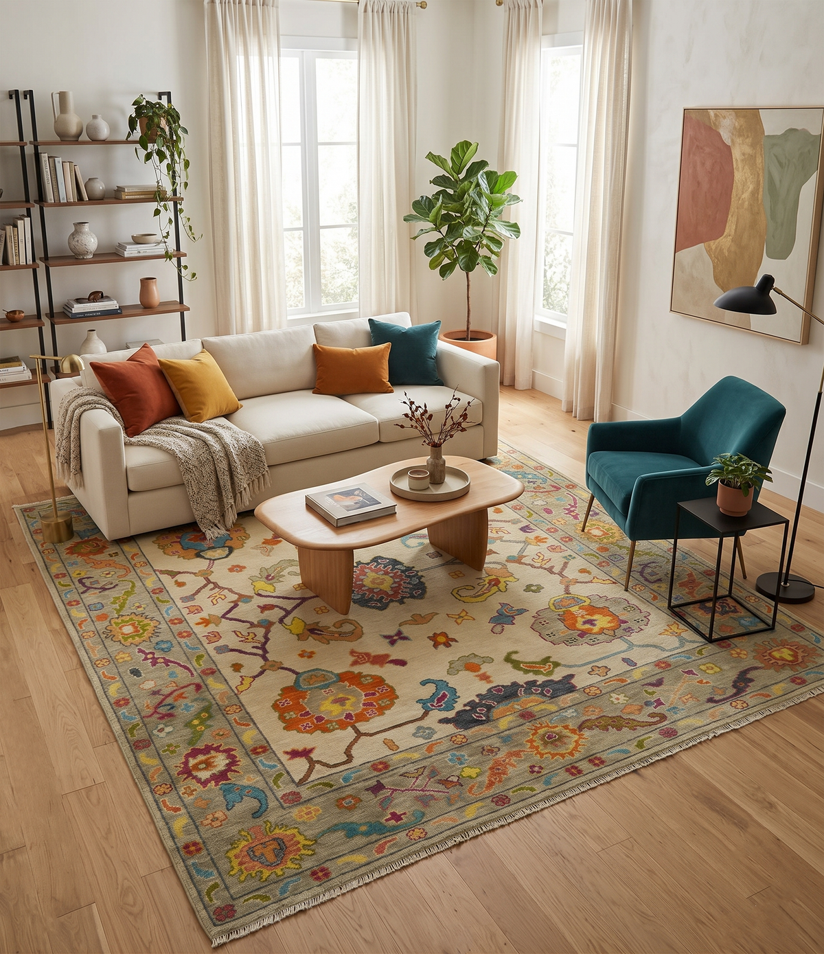 Custom Made Antique Style Beige Colorful Hand knotted Traditional Oushak wool Area Rug