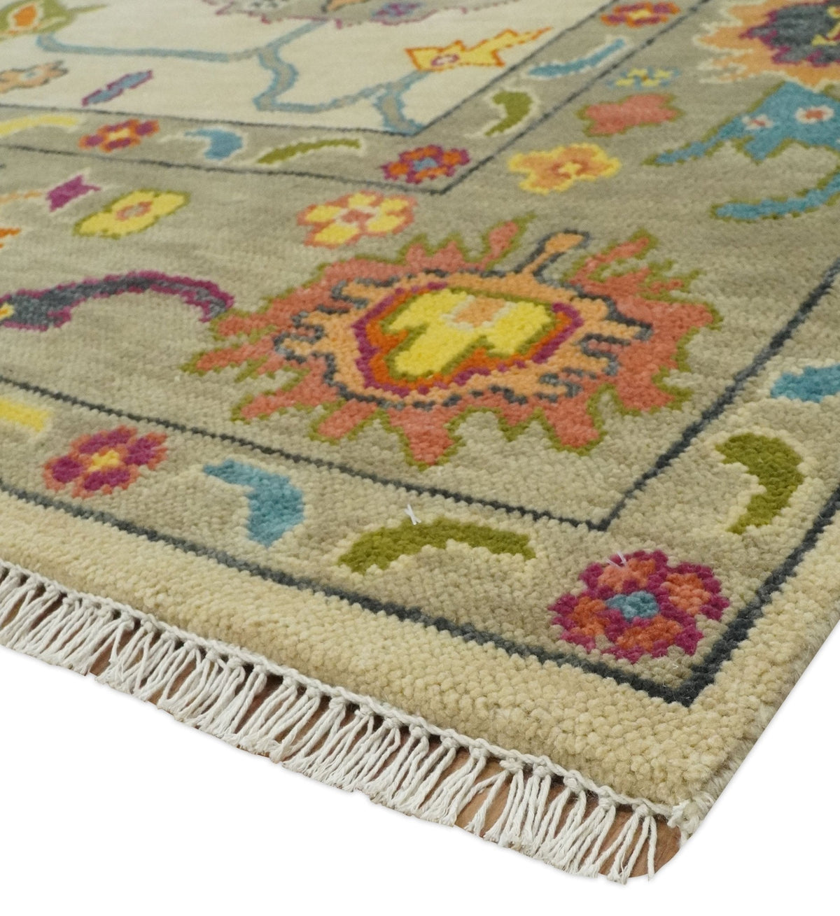 Custom Made Antique Style Beige Colorful Hand knotted Traditional Oushak wool Area Rug