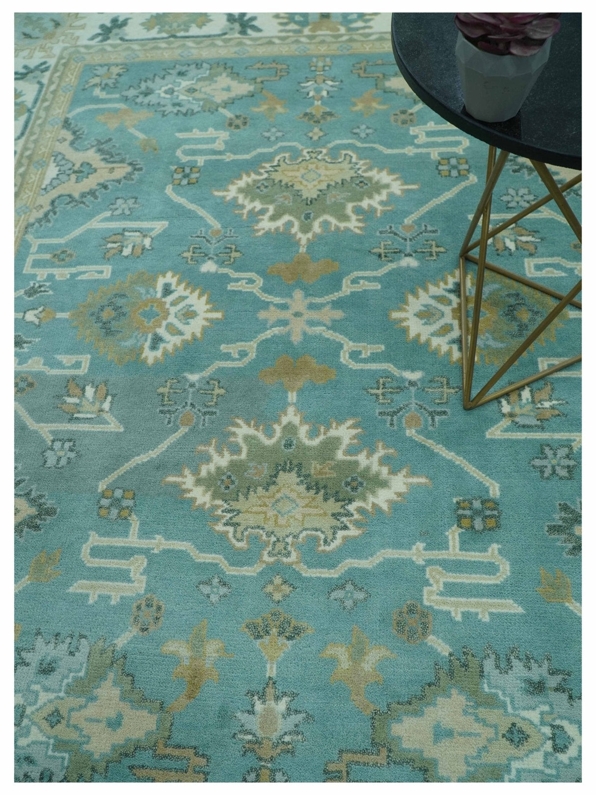 Custom Made Aqua and Beige Hand Knotted Traditional Wool Rug