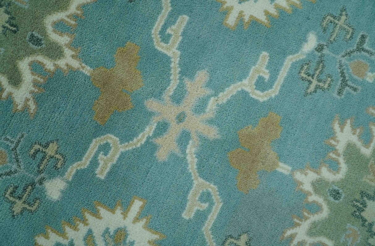 Custom Made Aqua and Beige Hand Knotted Traditional Wool Rug