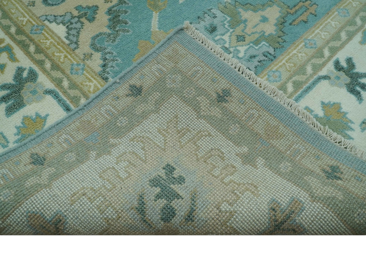 Custom Made Aqua and Beige Hand Knotted Traditional Wool Rug