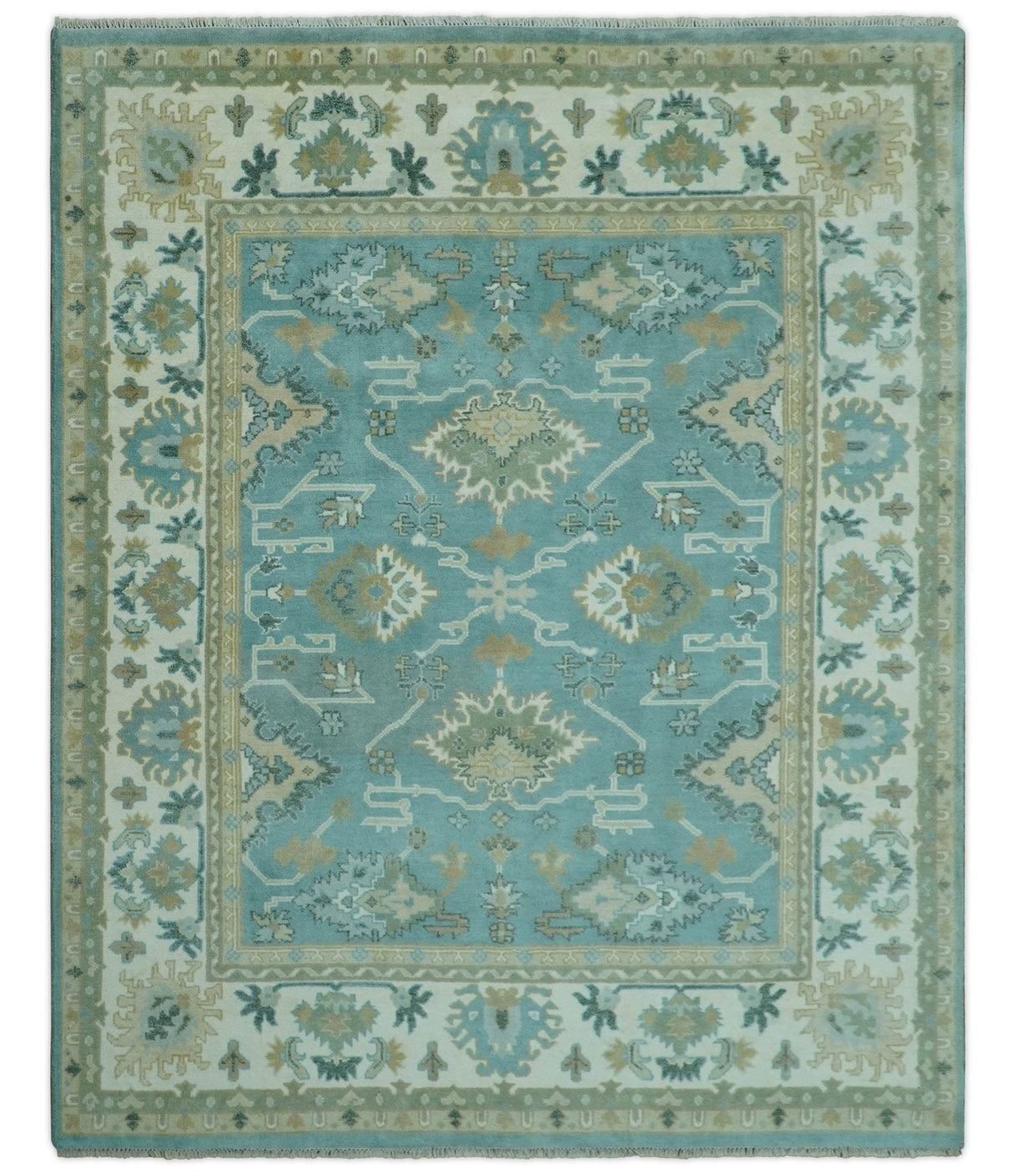 Custom Made Aqua and Beige Hand Knotted Traditional Wool Rug