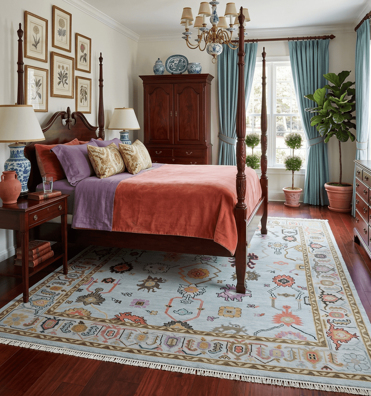 Custom Made Aqua and Green Hand knotted Traditional Oushak wool area Rug