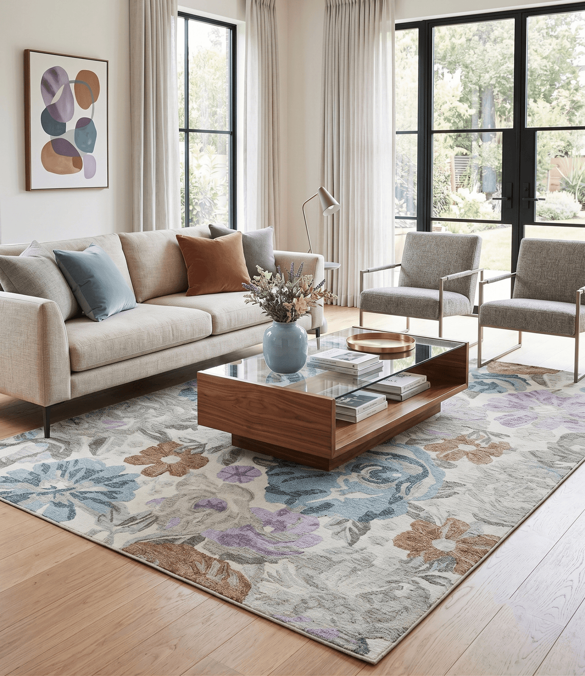 Custom Made Beautiful Ivory, Gray, Purple Flower Design Hand Tufted wool Area Rug