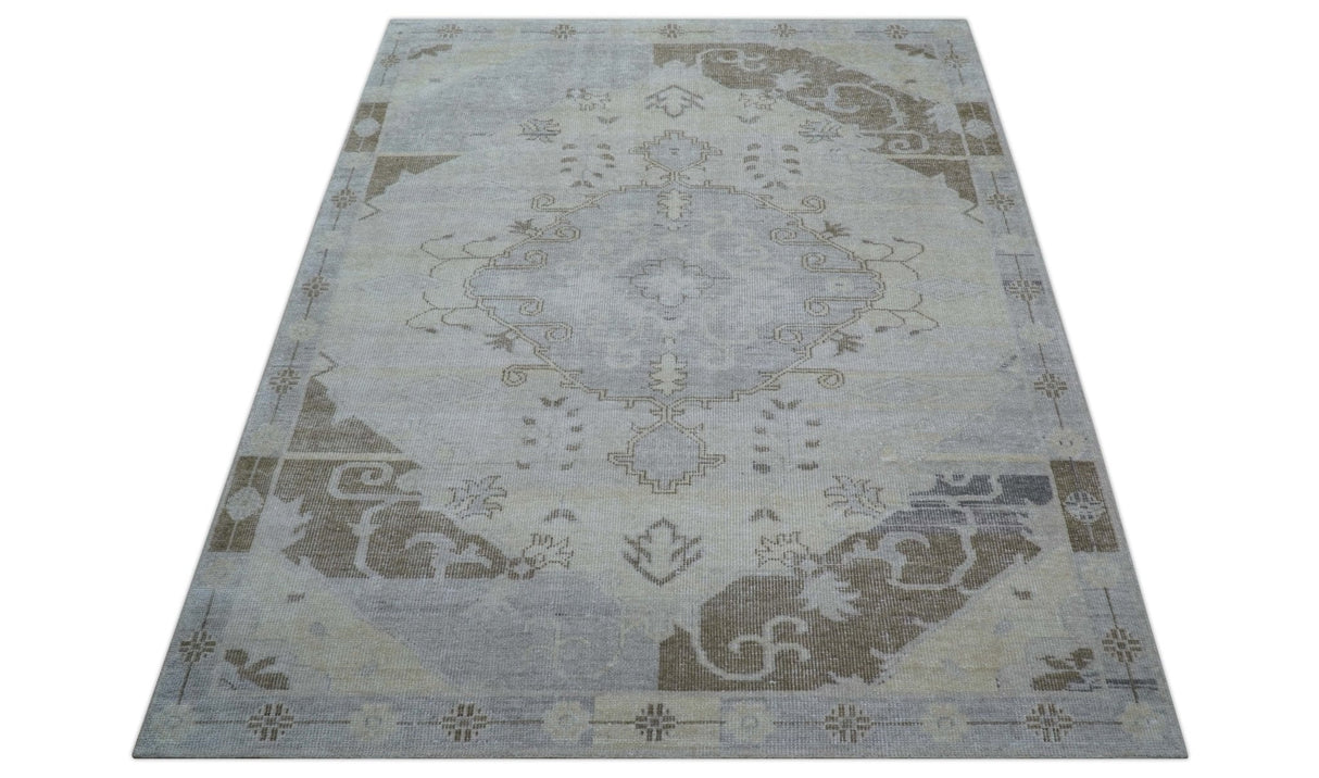 Custom Made Beige And Blue Traditional Turkish Design Hand knotted Wool Rug