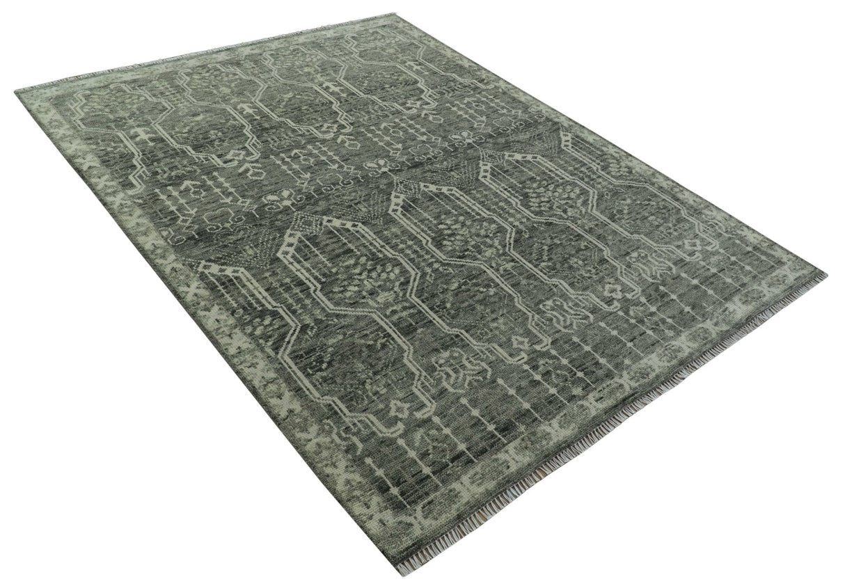 Custom Made Beige And Green Modern Geometrical Design Hand Knotted wool rug