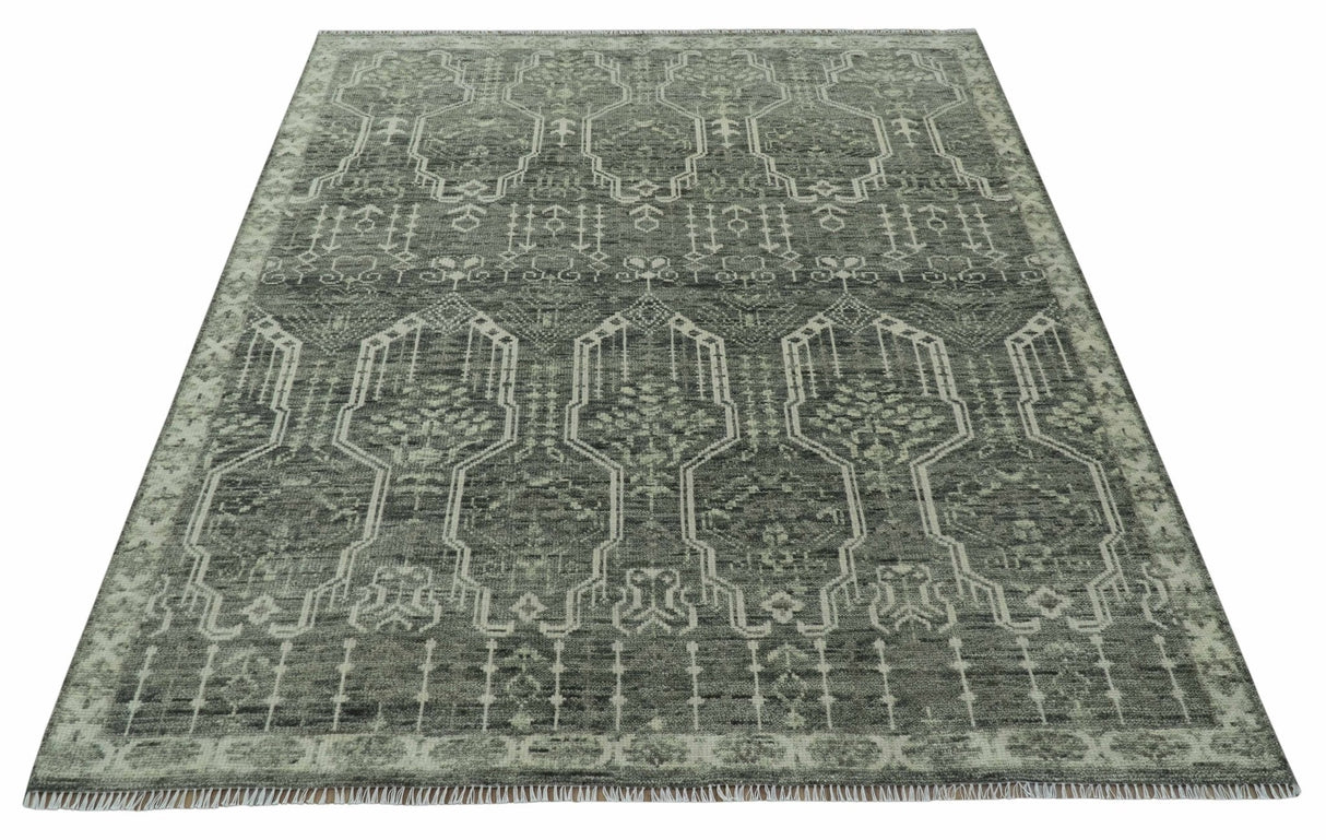Custom Made Beige And Green Modern Geometrical Design Hand Knotted wool rug