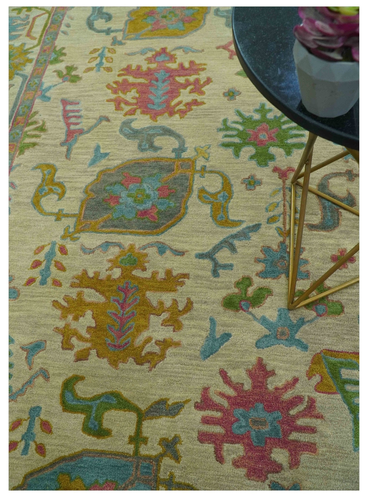 Custom Made Beige And Green Traditional Oushak Design Hand Tufted Wool Rug