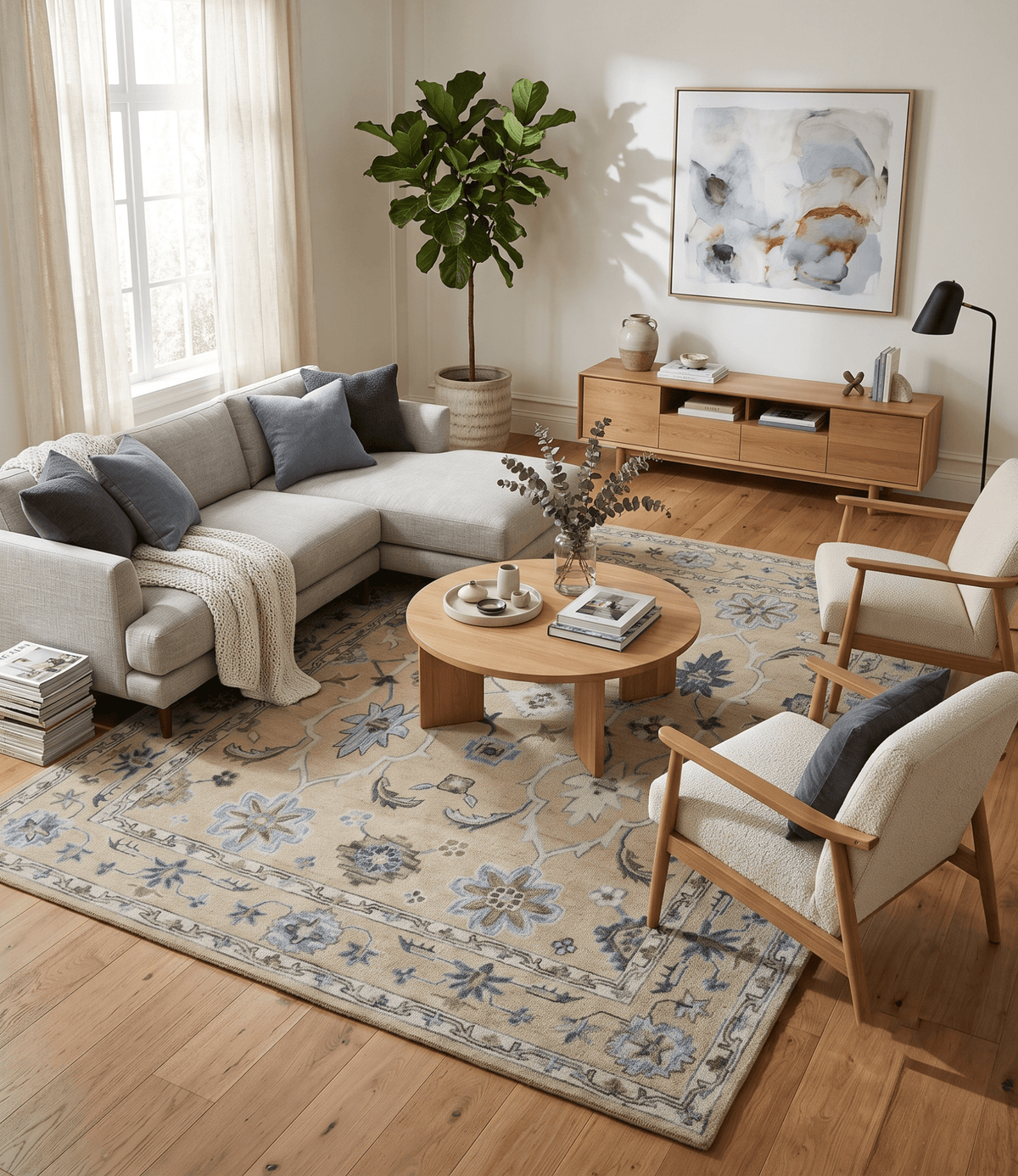 Custom Made Beige, Ivory and Blue Hand Tufted Floral Oriental Oushak wool area rug