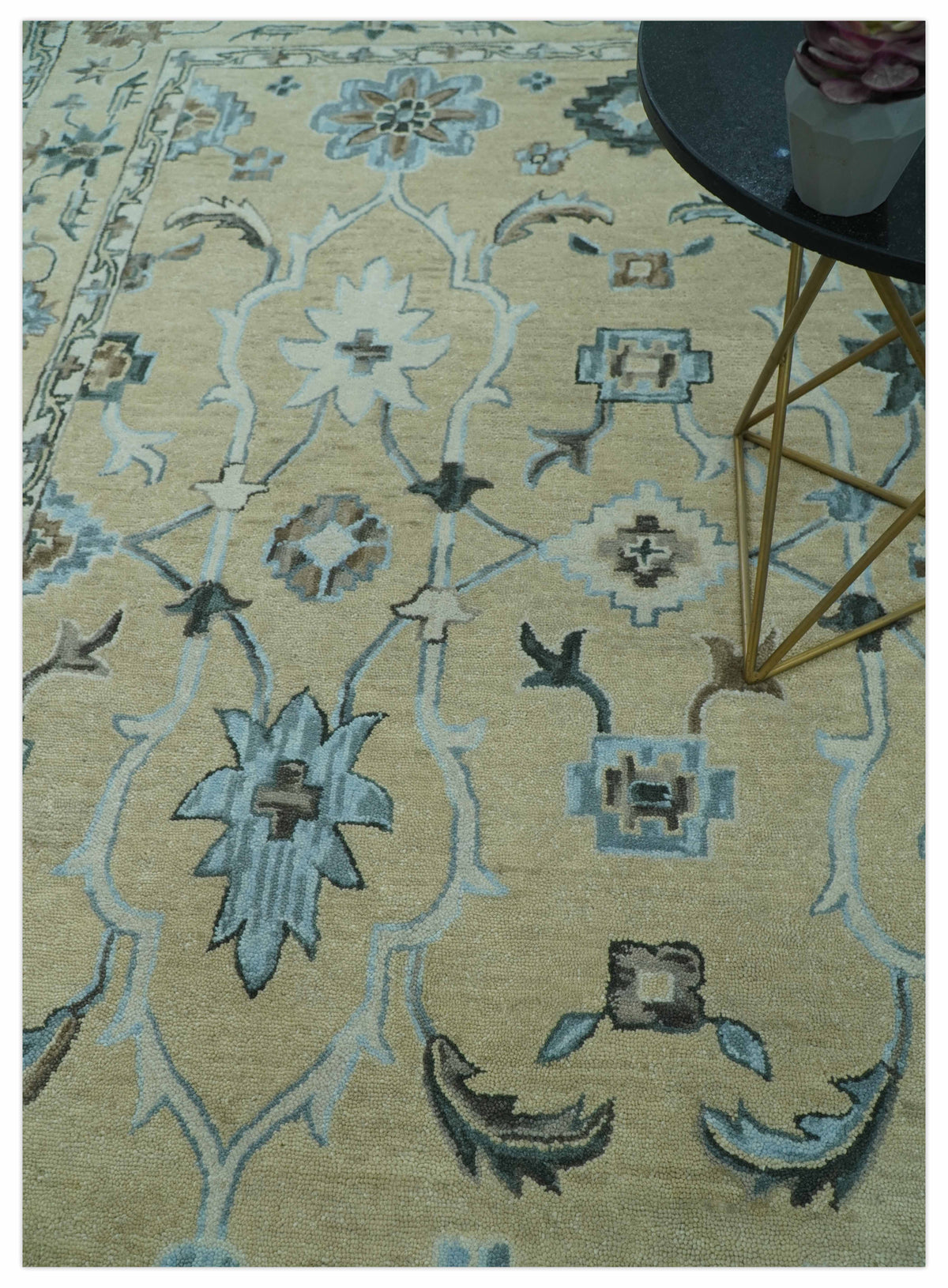 Custom Made Beige, Ivory and Blue Hand Tufted Floral Oriental Oushak wool area rug