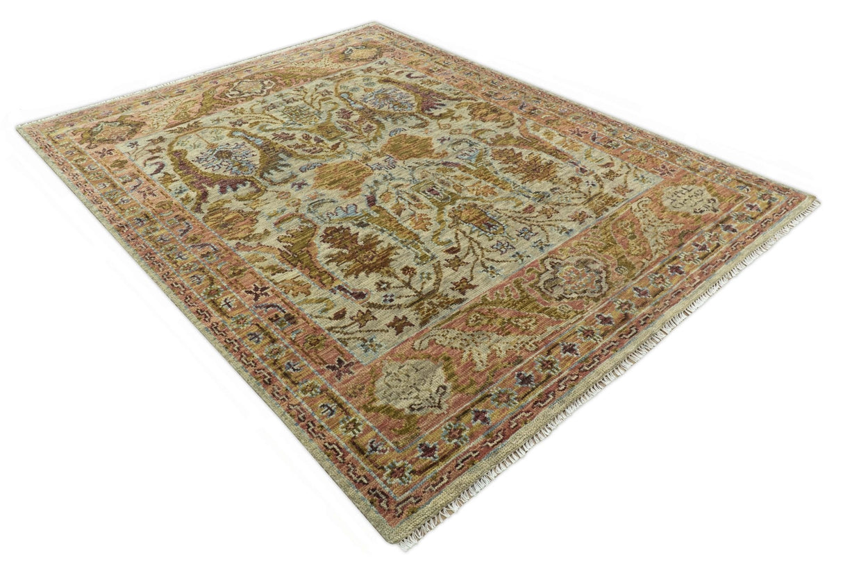 Custom Made Beige, Peach And Green Transition Hand Knotted wool rug