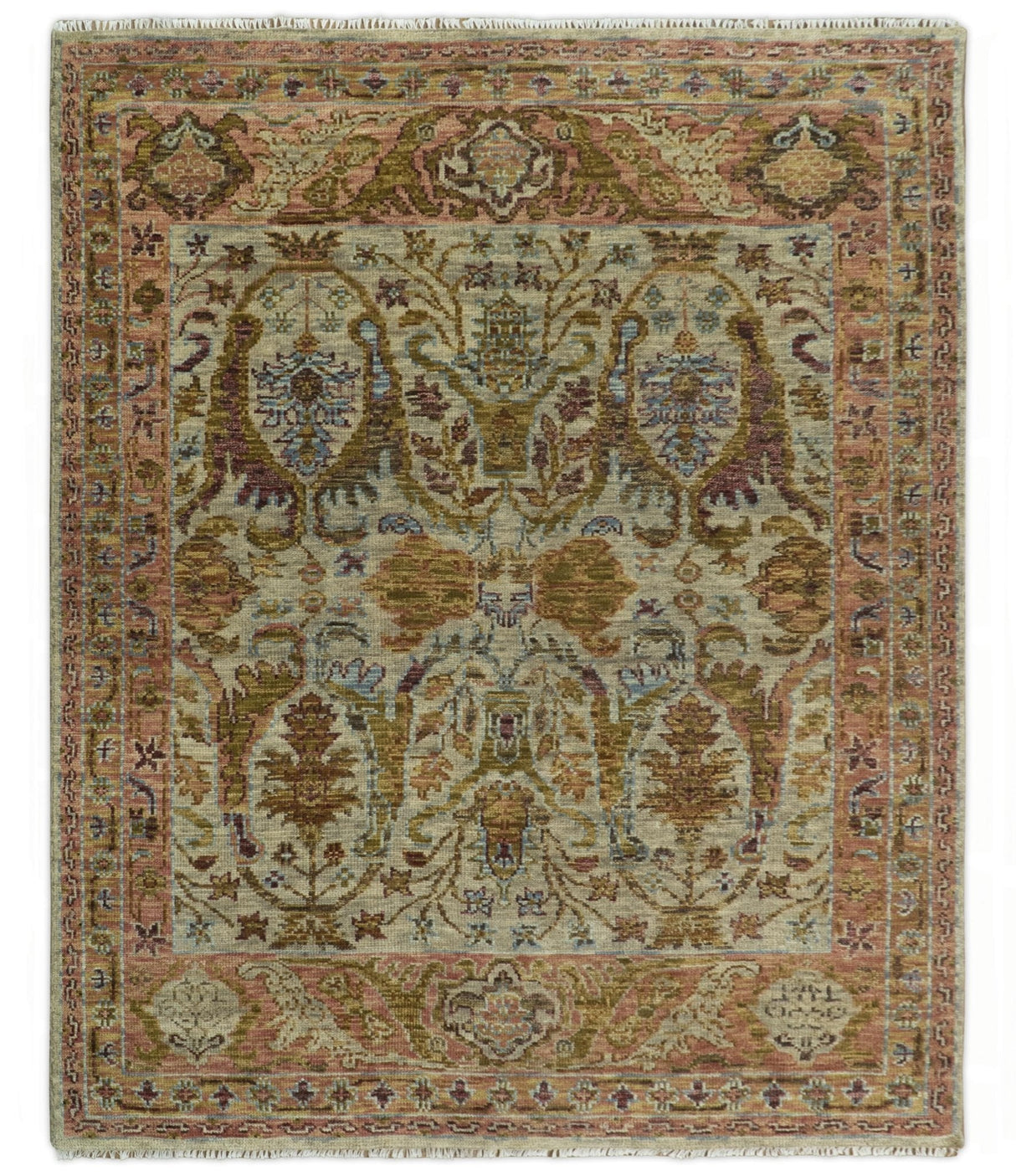Custom Made Beige, Peach And Green Transition Hand Knotted wool rug