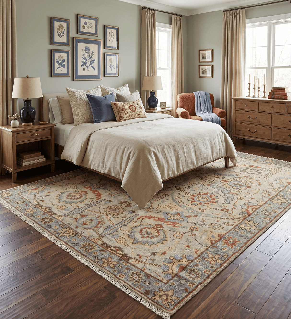 Custom Made Beige, Rust and Blue Traditional Style Hand Knotted Wool Area Rug