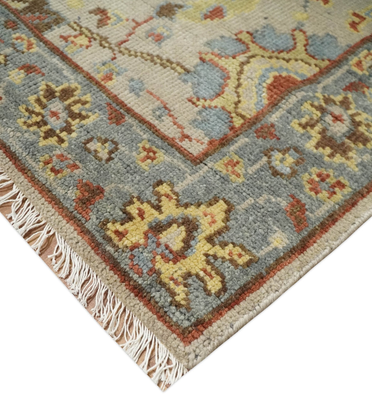 Custom Made Beige, Rust and Blue Traditional Style Hand Knotted Wool Area Rug