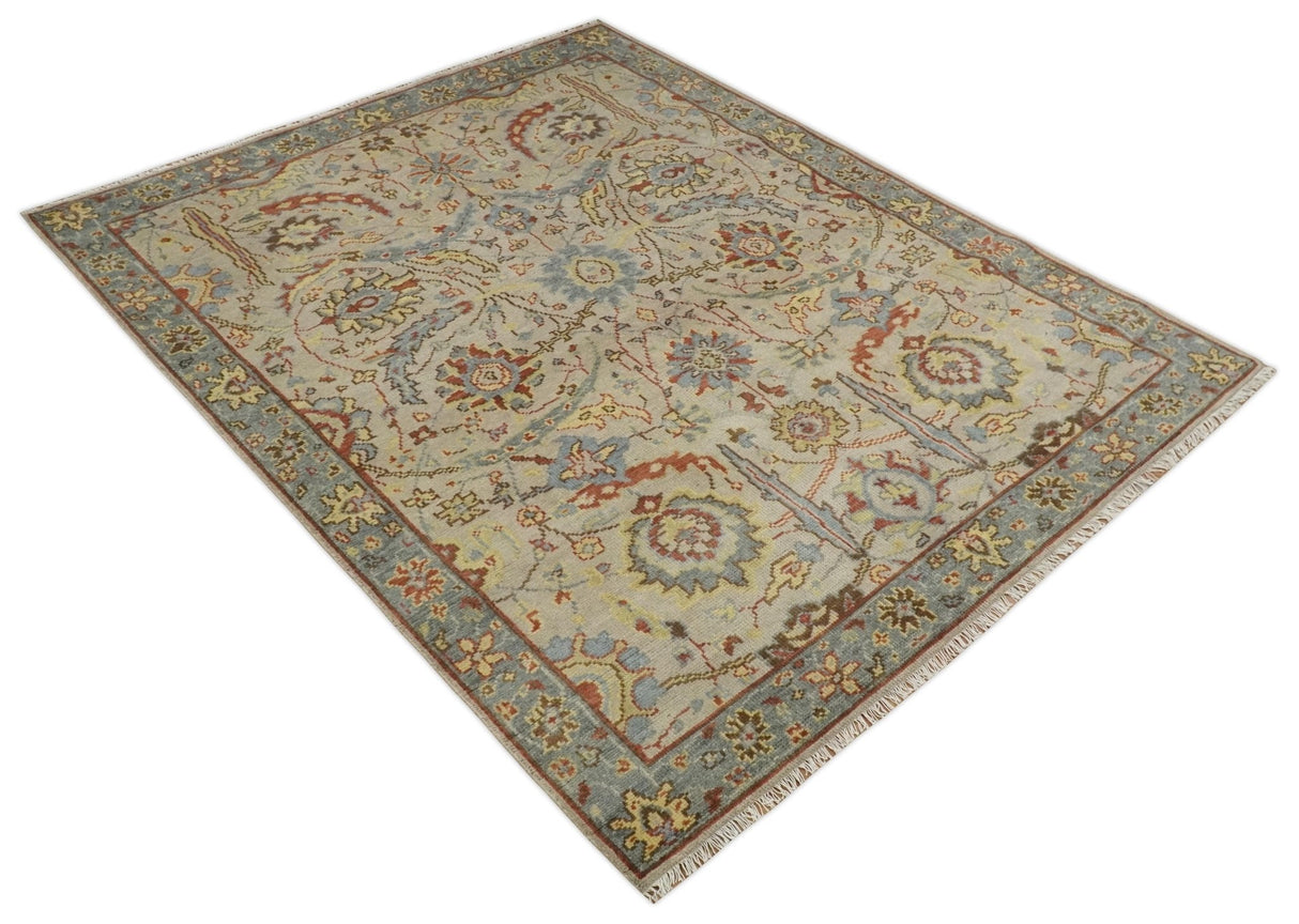 Custom Made Beige, Rust and Blue Traditional Style Hand Knotted Wool Area Rug