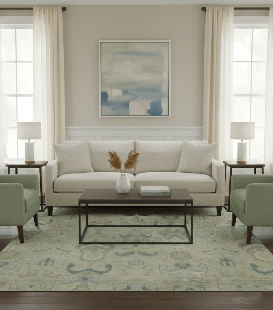 Custom Made Blue And Beige Modern Ikat Design Hand Knotted Wool Area Rug