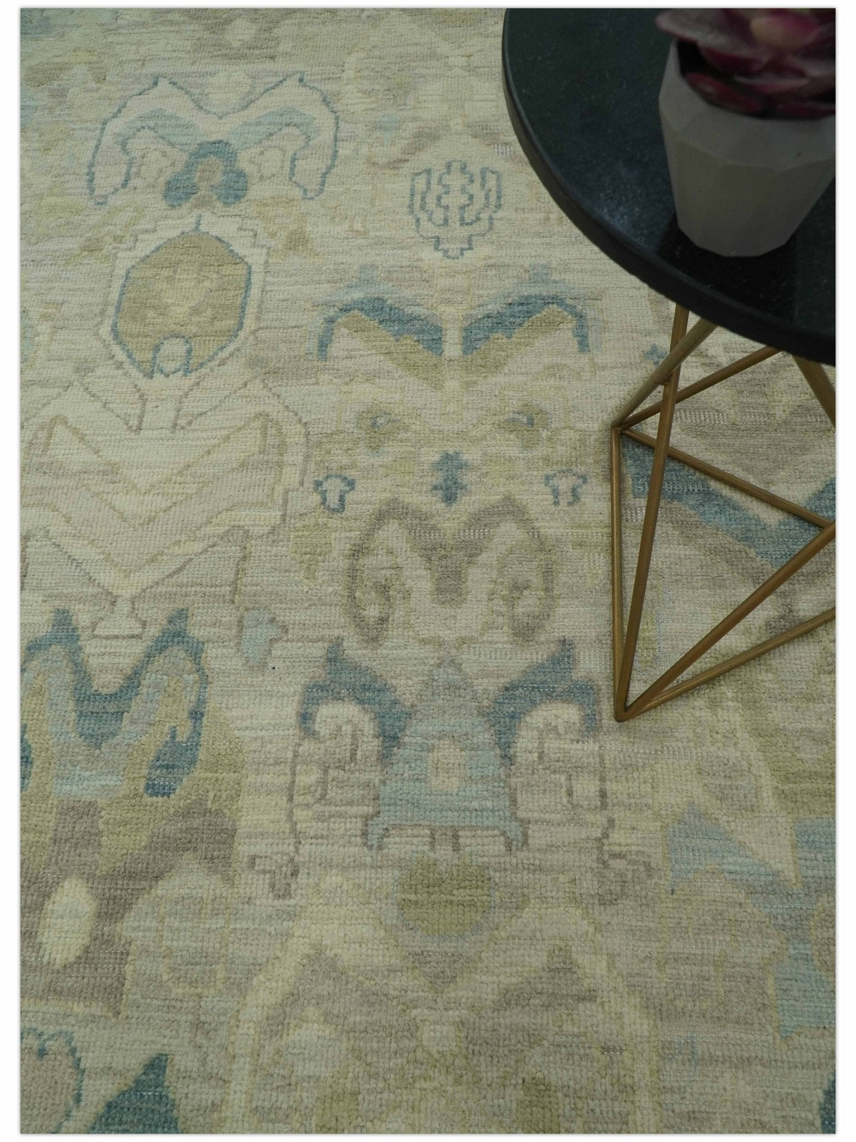 Custom Made Blue And Beige Modern Ikat Design Hand Knotted Wool Area Rug