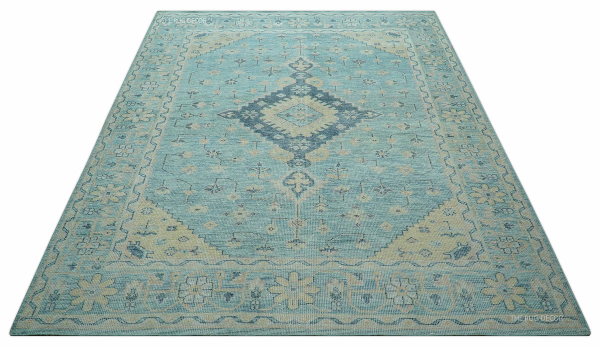 Custom Made Blue And Beige Turkish Design Hand knotted Wool Area Rug