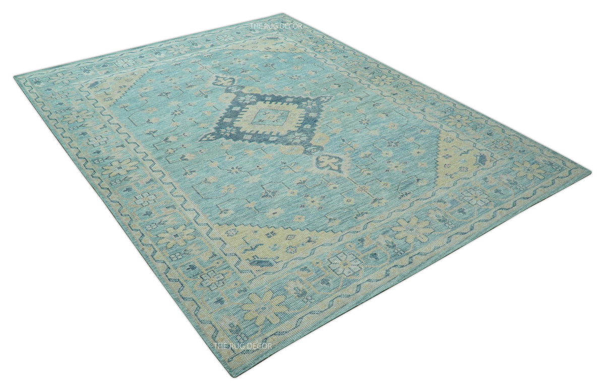 Custom Made Blue And Beige Turkish Design Hand knotted Wool Area Rug