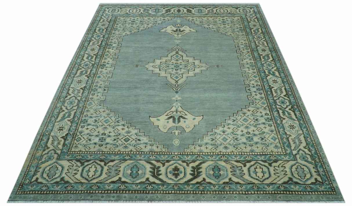 Custom Made Blue And Gray Traditional Medallion Hand Knotted Wool Rug