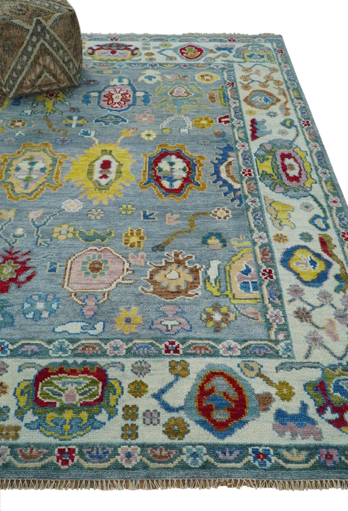 Custom Made Blue and Ivory colorful Hand knotted Oushak wool Area Rug
