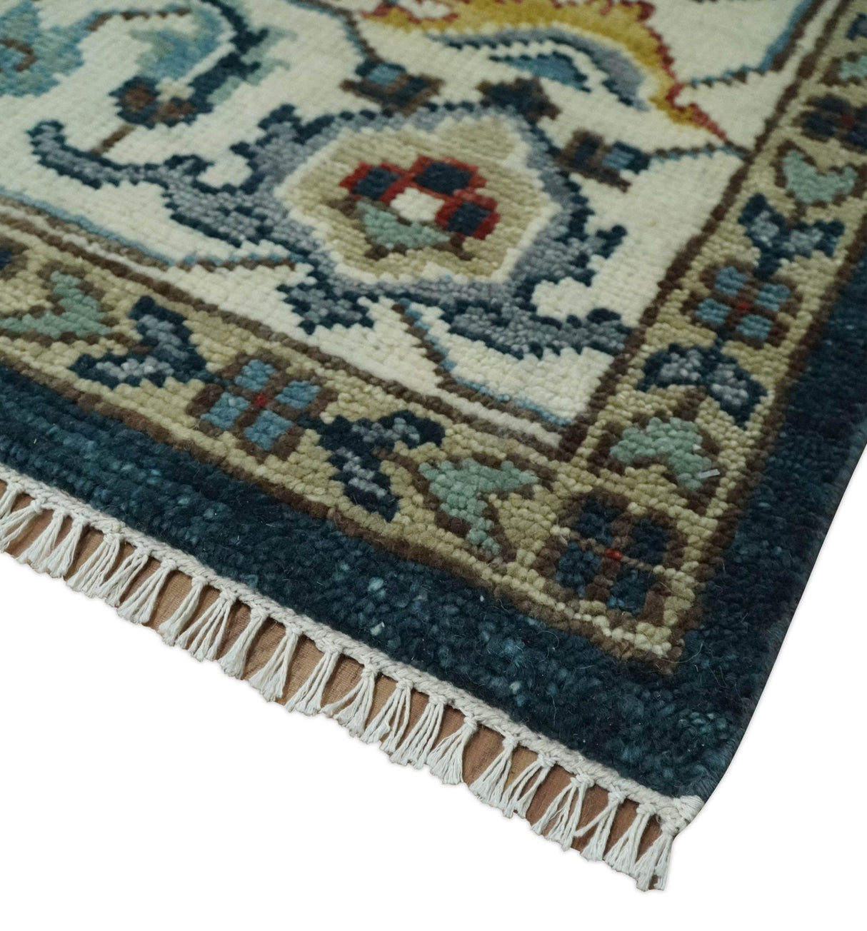 Custom Made Blue and Ivory Hand Knotted Medallion Design Wool Area Rug