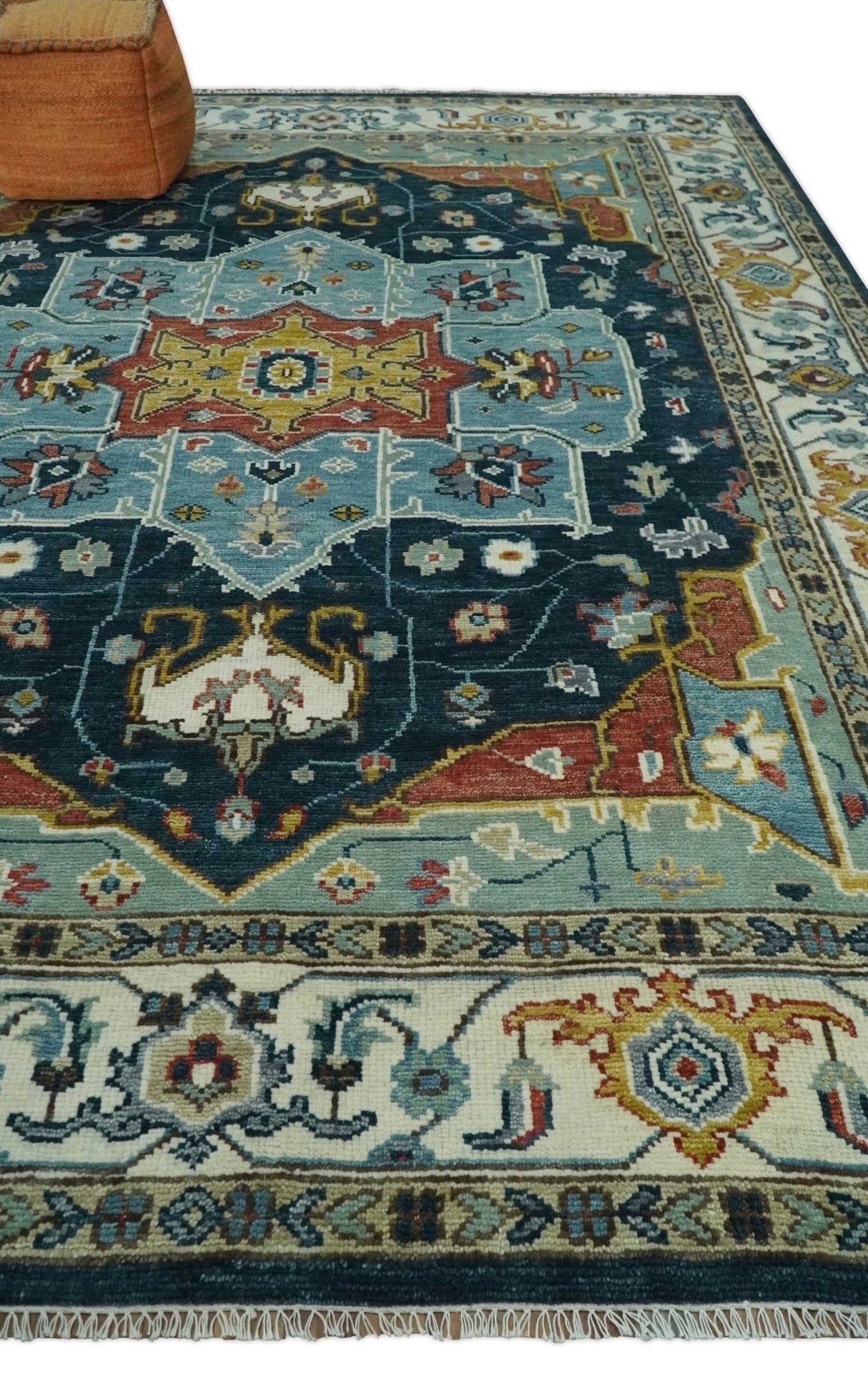 Custom Made Blue and Ivory Hand Knotted Medallion Design Wool Area Rug