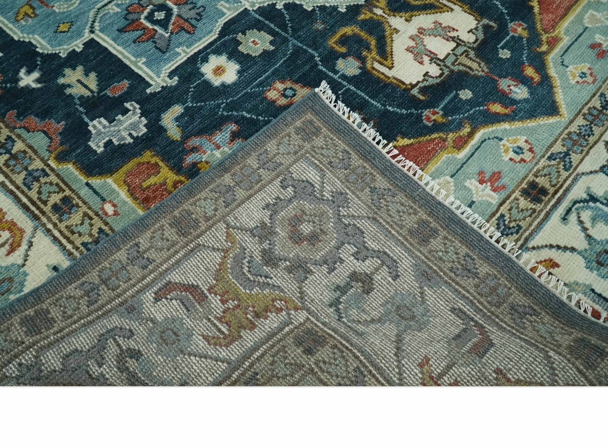 Custom Made Blue and Ivory Hand Knotted Medallion Design Wool Area Rug