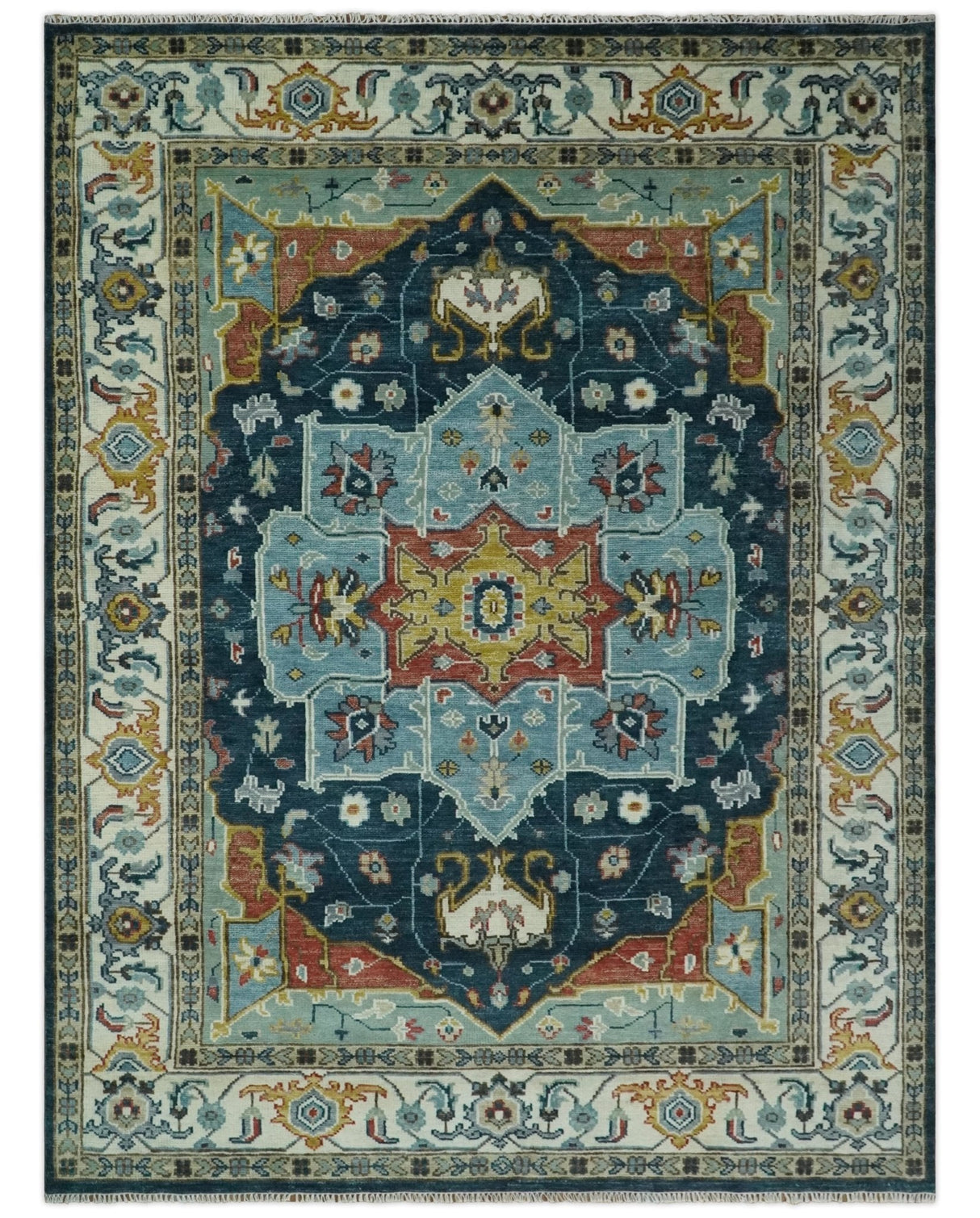 Custom Made Blue and Ivory Hand Knotted Medallion Design Wool Area Rug