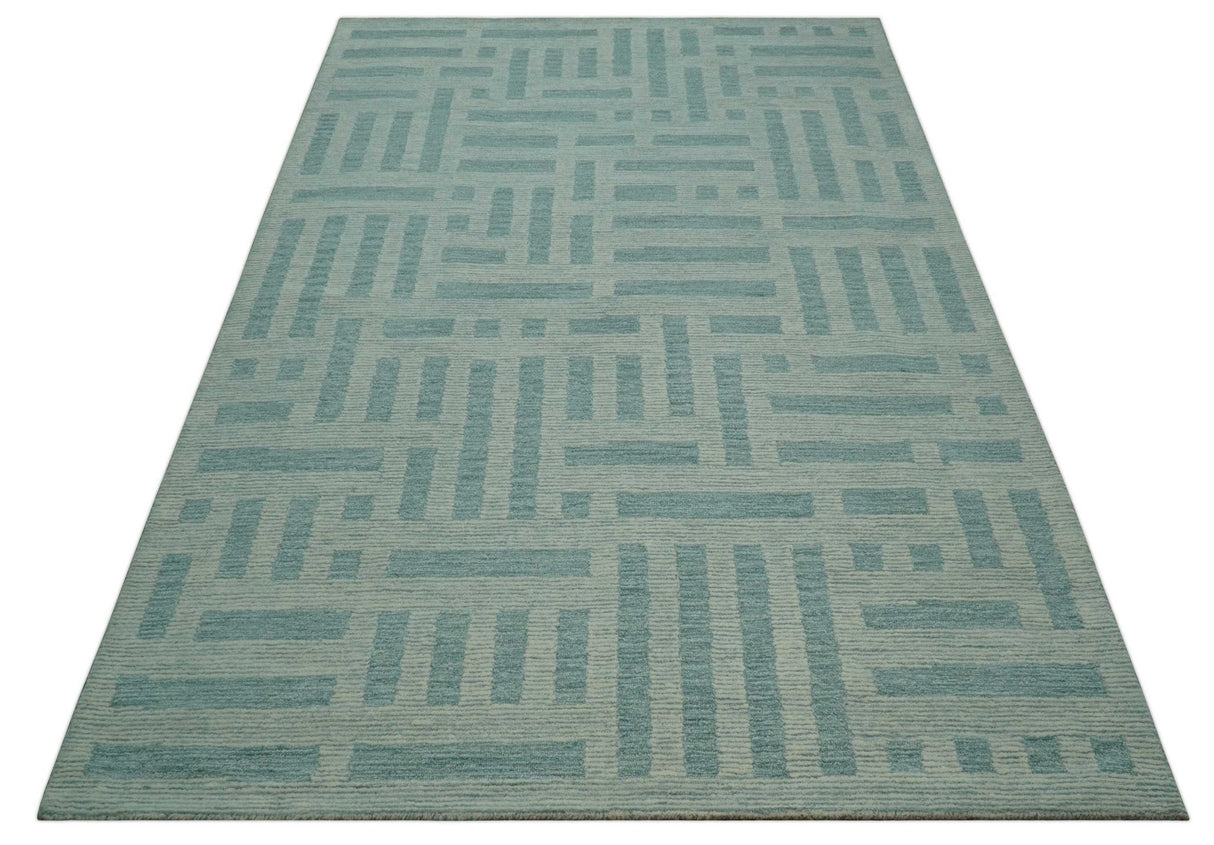 Custom Made Blue And Ivory Modern Abstract Pattern Hand Tufted Wool Area Rug