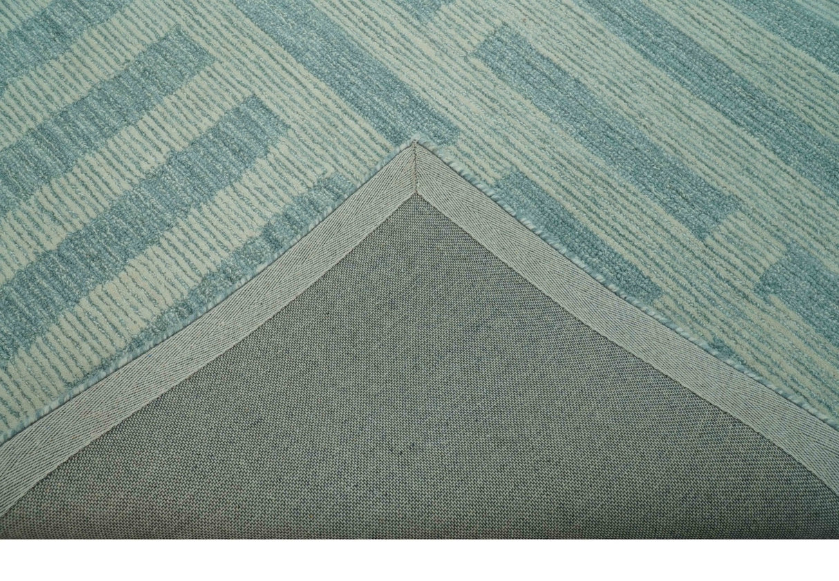 Custom Made Blue And Ivory Modern Abstract Pattern Hand Tufted Wool Area Rug