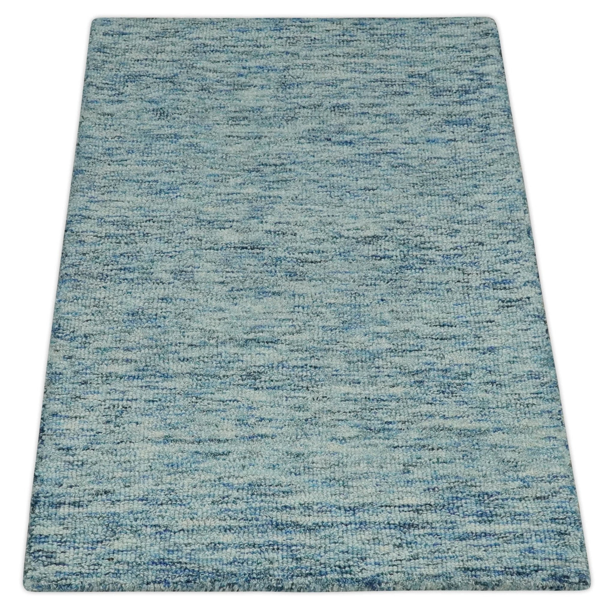 Custom Made Blue and Ivory Solid Wool Hand Woven Area Rug