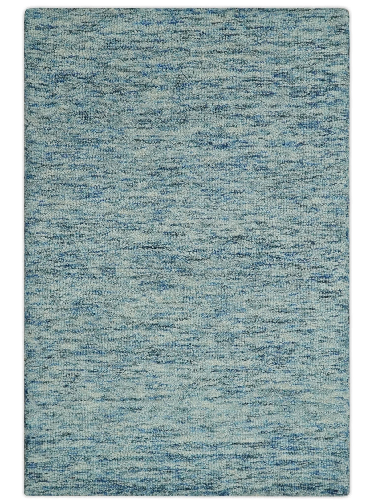 Custom Made Blue and Ivory Solid Wool Hand Woven Area Rug