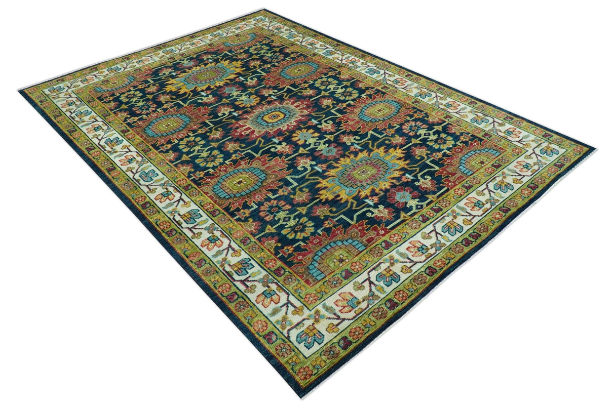Custom Made Blue And Olive Traditional Medallion Hand Knotted Wool Rug