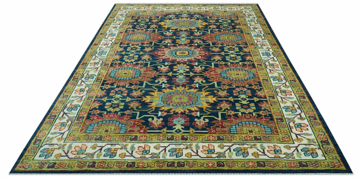 Custom Made Blue And Olive Traditional Medallion Hand Knotted Wool Rug