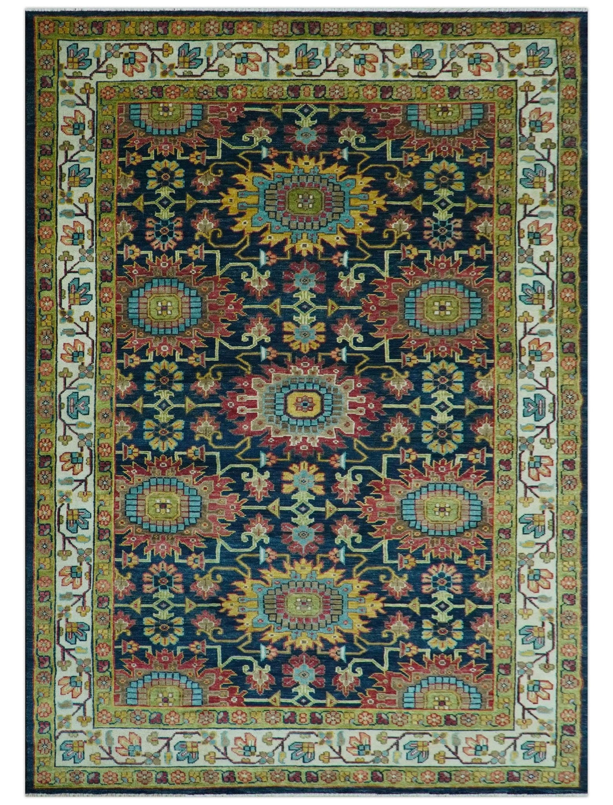 Custom Made Blue And Olive Traditional Medallion Hand Knotted Wool Rug