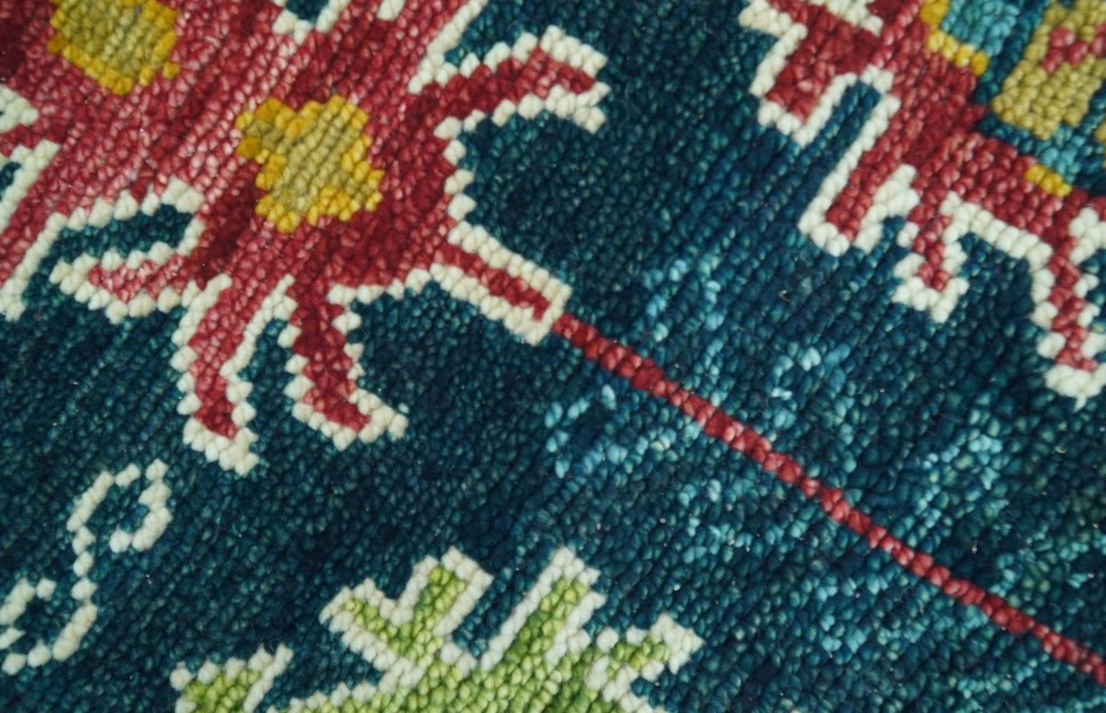 Custom Made Blue And Red Traditional Tribal Design Hand Knotted Wool Rug