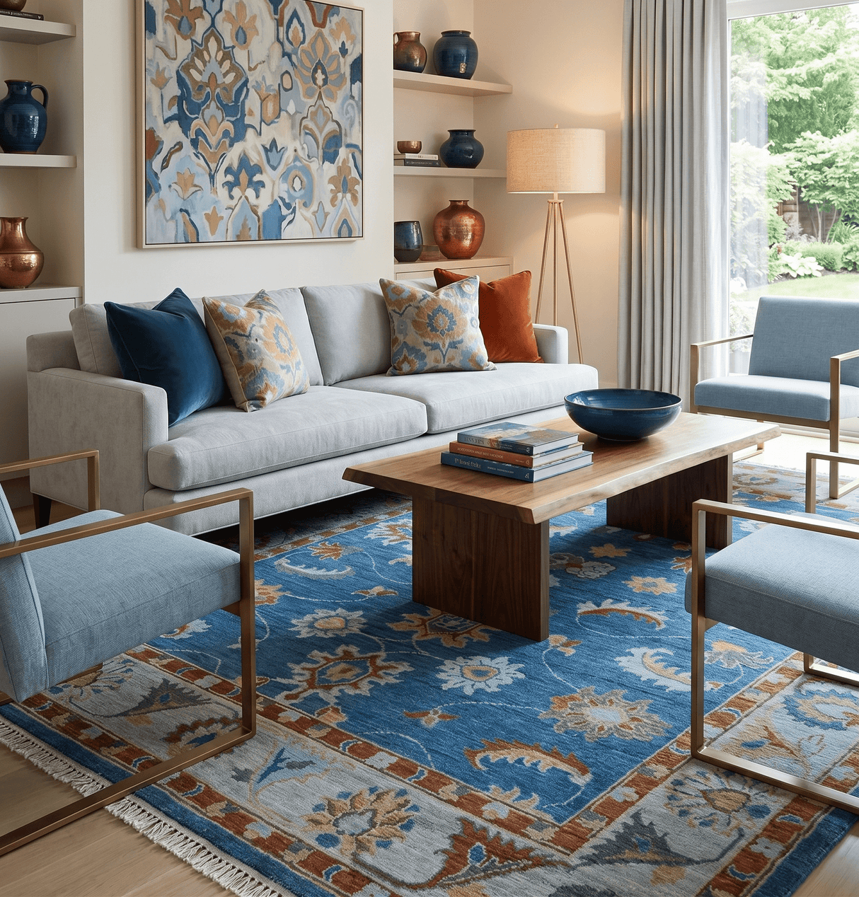 Custom Made Blue and Silver Hand knotted colorful Traditional Oushak wool Area Rug