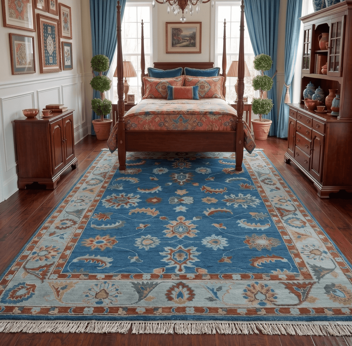 Custom Made Blue and Silver Hand knotted colorful Traditional Oushak wool Area Rug