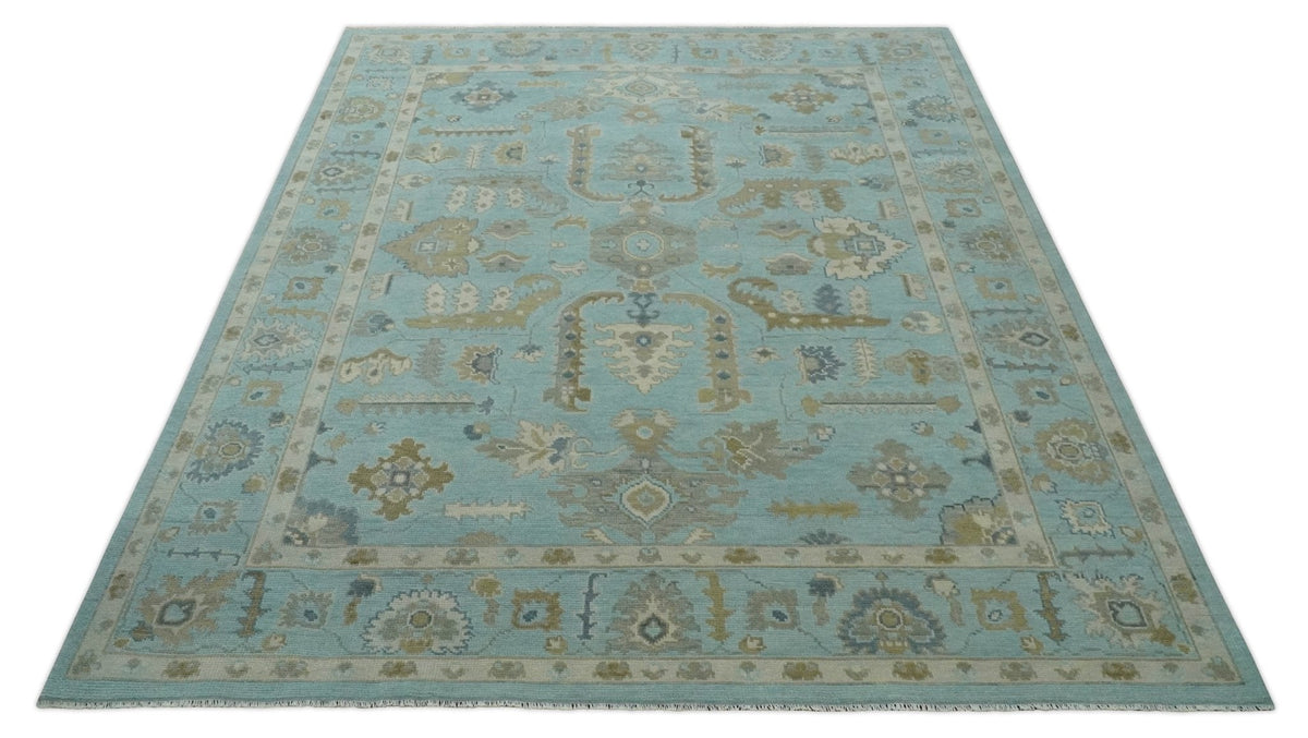 Custom Made Blue, Brown and Ivory Hand knotted Traditional Oushak Wool Rug