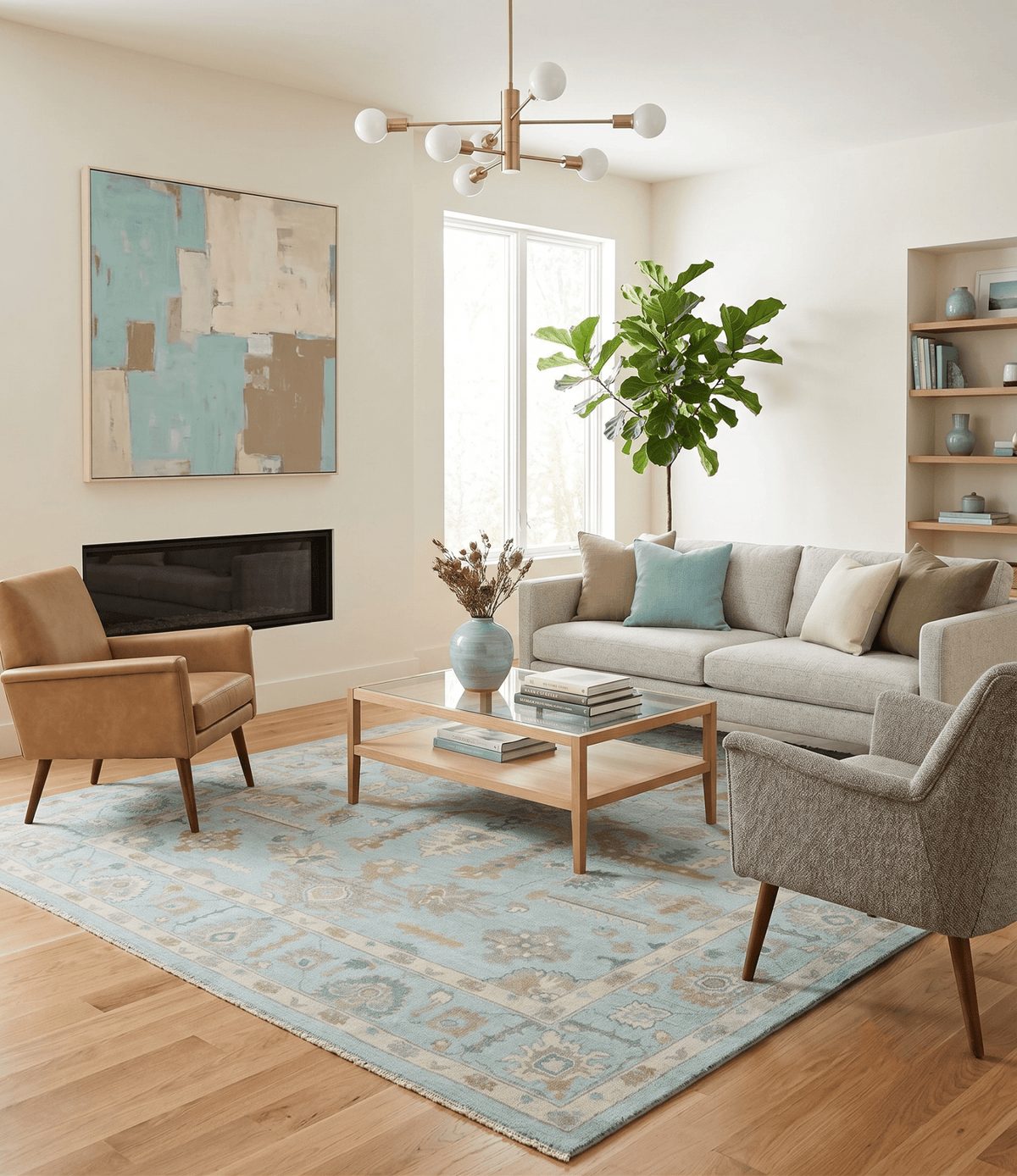 Custom Made Blue, Brown and Ivory Hand knotted Traditional Oushak Wool Rug