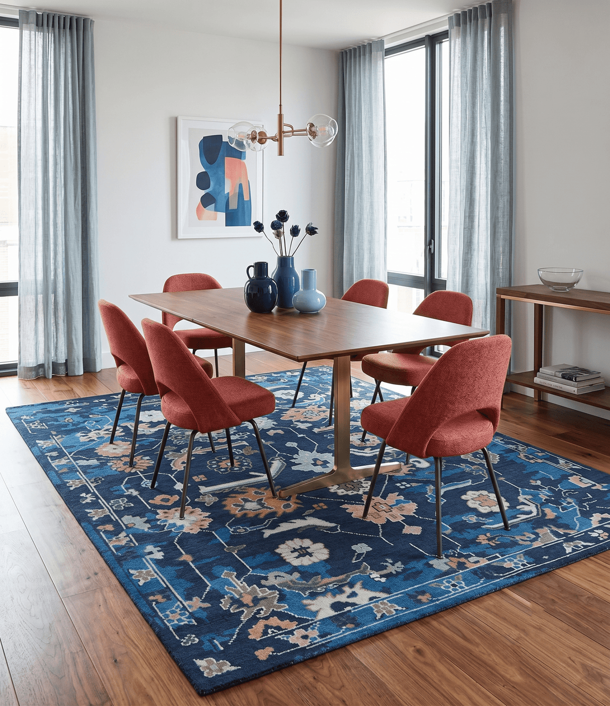 Custom Made Blue, Camel and Ivory Traditional Oriental Oushak wool Area Rug