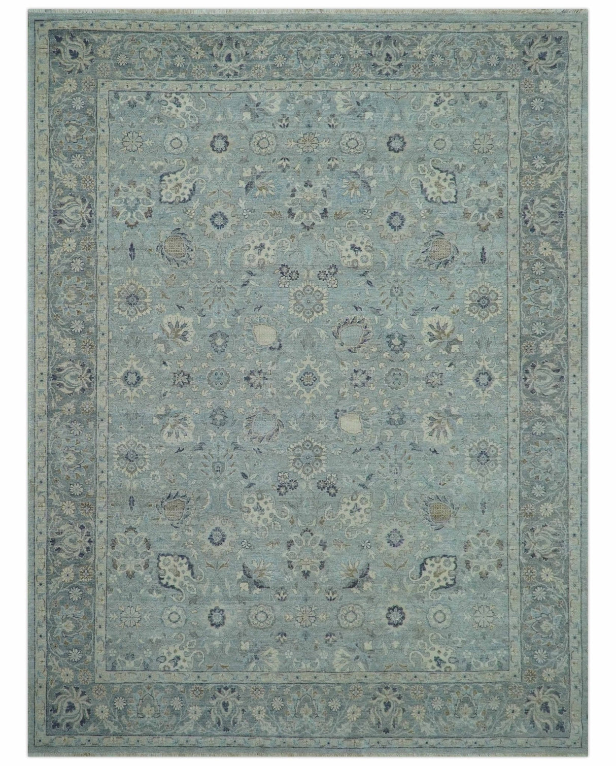 Custom Made Blue Traditional distressed design Hand knotted Wool Area Rug