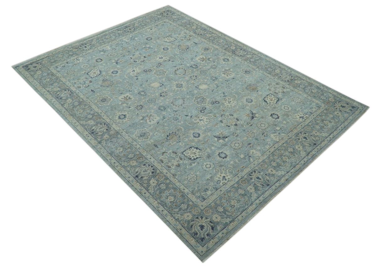 Custom Made Blue Traditional distressed design Hand knotted Wool Area Rug