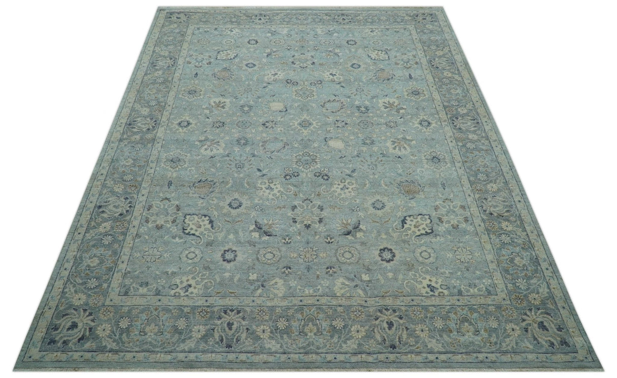 Custom Made Blue Traditional distressed design Hand knotted Wool Area Rug