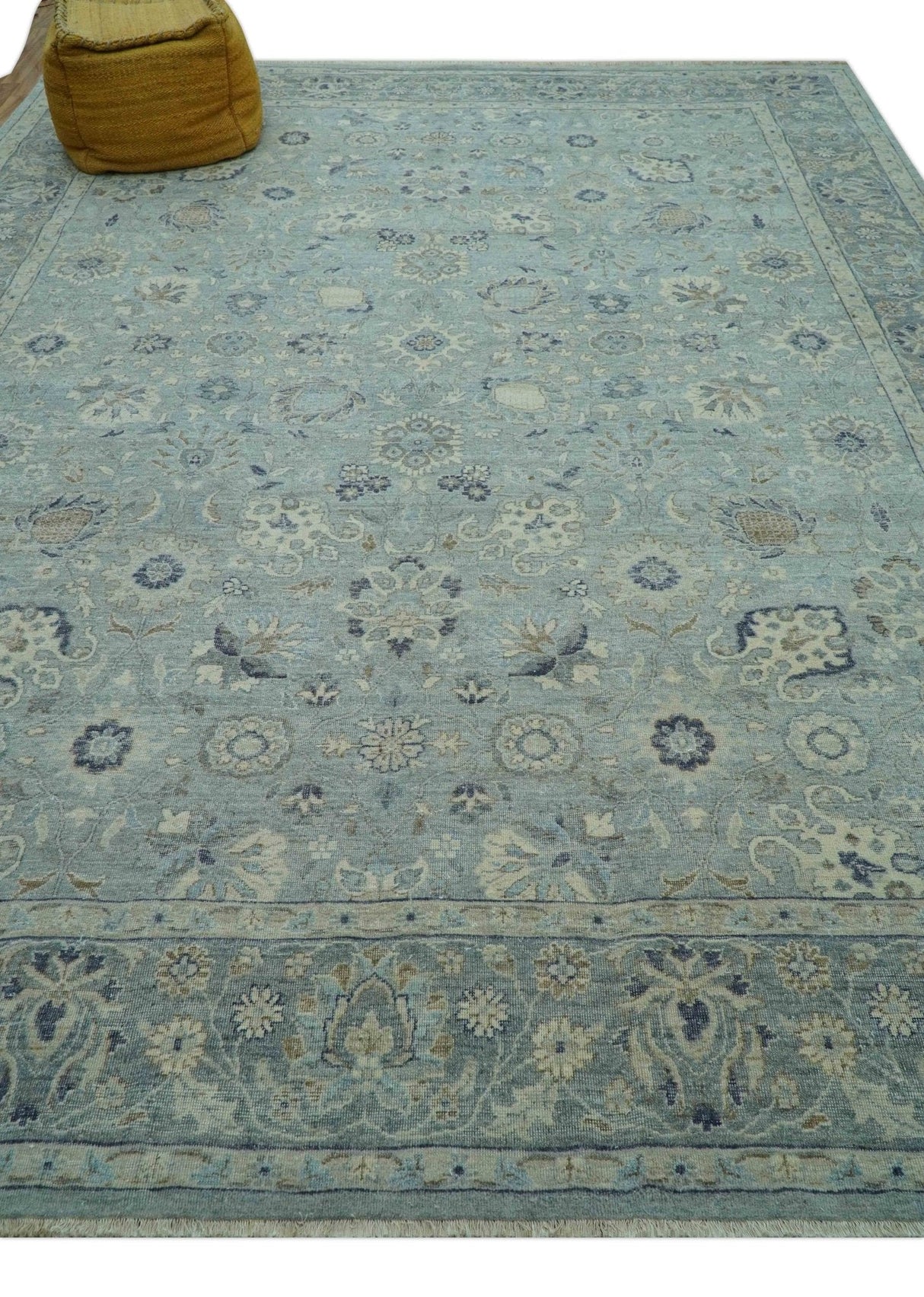 Custom Made Blue Traditional distressed design Hand knotted Wool Area Rug