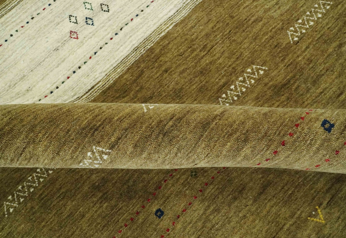 Custom Made Brown and Ivory Geometrical Stripes Design wool Area Rug