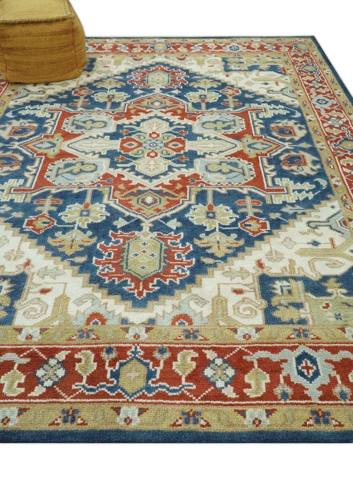 Custom Made Brown, Blue, Ivory and Olive Hand knotted Traditional Heriz Medallion Wool Area Rug