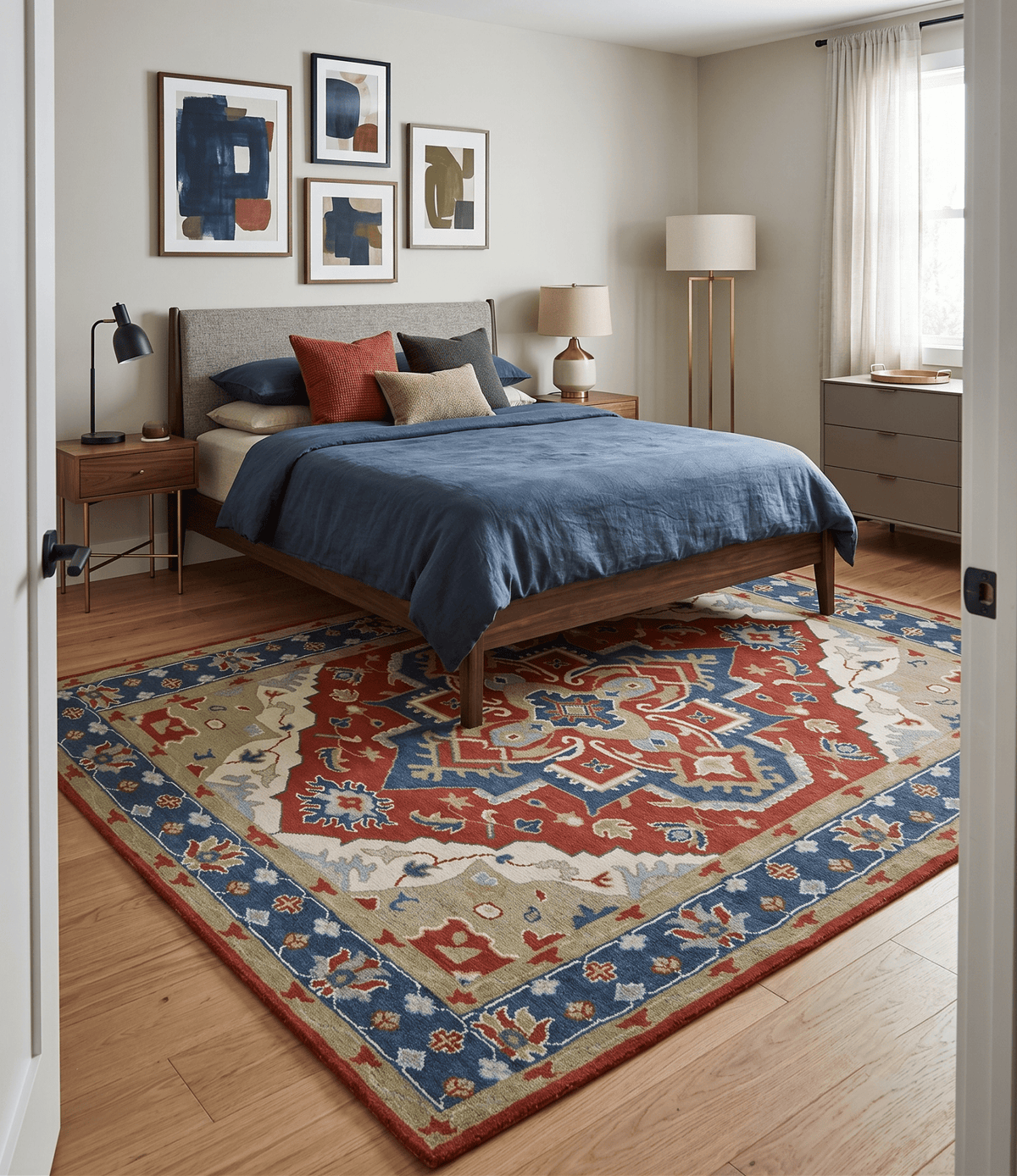 Custom Made Brown, Blue, Ivory and Olive Traditional Heriz Medallion Wool Area Rug